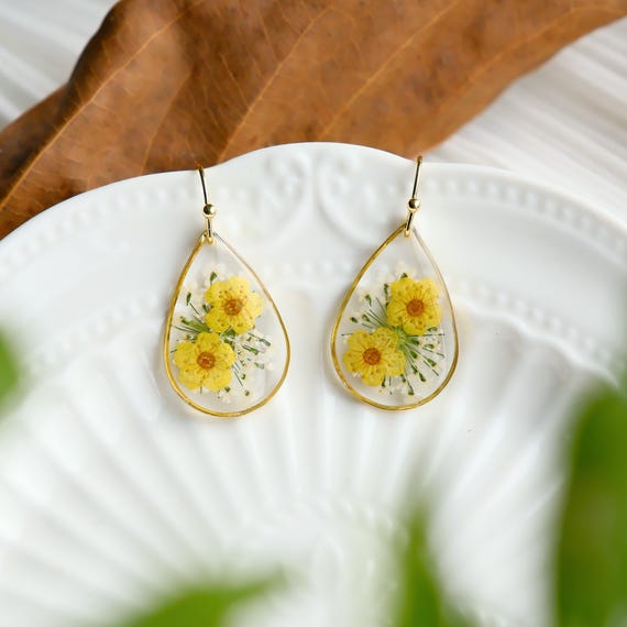 Yellow Daffodil Flower Resin Earrings: Handmade Dried Flower