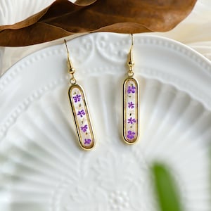 Real Purple Flower Earrings, Handmade Pressed Flower Resin Earring, Dried Flower Dangle Drop Earring, Natural Jewelry, Birthday Gift For Her