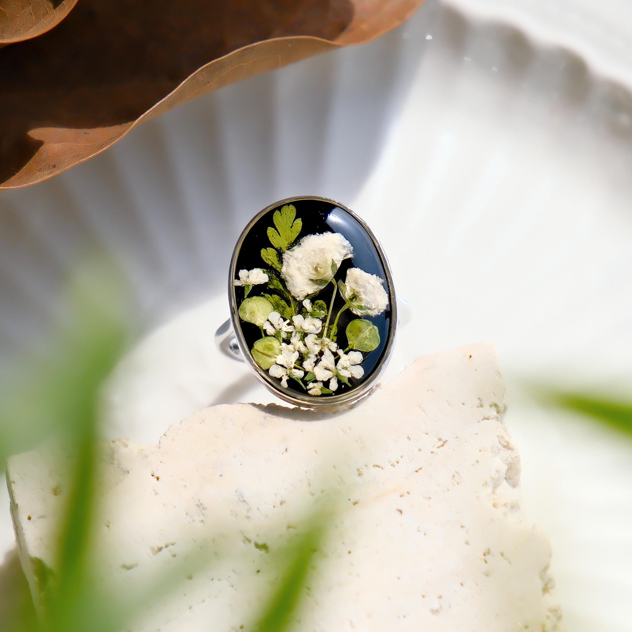 Baby's Breath Flower Rings, Handmade Pressed Flower Resin Rings, Dried Flower Statement Rings, Adjustable Rings, Birthday Gifts For Her