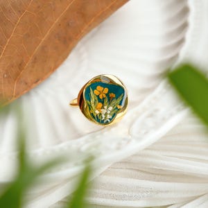 Orange Dried Flower Rings Adjustable, Handmade Pressed Flower Rings, Green Resin Statement Rings, Natural Jewelry, Birthday Gifts For Her