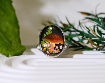 Real Mushroom Rings Adjustable, Handmade Pressed Mushroom Resin Rings, Dried Flower Statement Rings, Natural Jewelry, Birthday Gifts For Her
