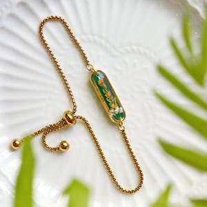 Orange Real Flowers Resin Bracelet: Emerald Green Chain Bracelets, Gifts For Her