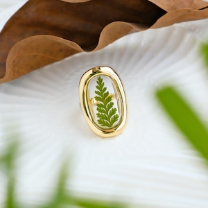 Green Foliage Rings Adjustable, Handmade Pressed Frond Resin Rings, Oval Statement Rings, Natural Jewelry For Women, Birthday Gifts For Her