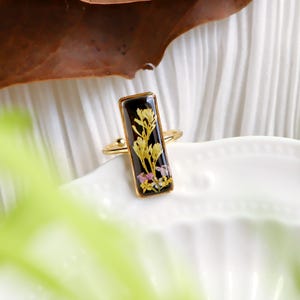 Yellow Real Flower Rings Adjustable, Handmade Pressed Flower Resin Rings, Oblong Statement Rings, Natural Jewelry, Birthday Gifts For Her