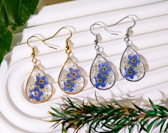 Forget Me Not Flower Earrings, Real Pressed Flower Earrings, Dried Flower Resin Earrings, Handmade Jewelry for Women, Birthday Gifts For Her