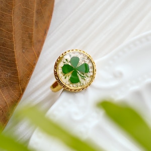Lucky Four Leaf Clover Rings Adjustable, Handmade Pressed Leaf Clover Resin Rings, Lucky Statement Rings For Women, Birthday Gifts For Her