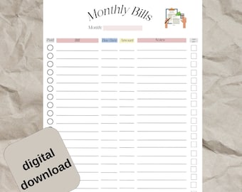 Editable Monthly Bill Tracker, Printable Bill Payment Checklist (Digital Download)