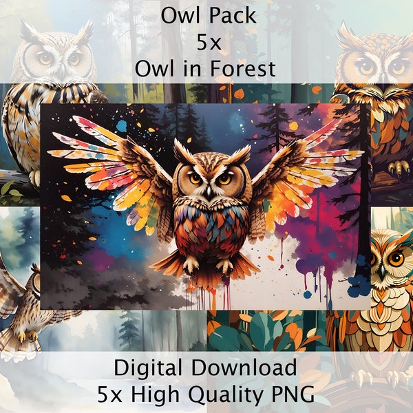 Owl Forest Pack 5 Digital Art PNG 400 Wall Art Decor Gift Watercolor Acrylic Colorful Download Prints Commercial Use Set Collection