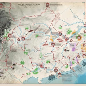 Carte des montagnes de thé chinoises et des routes commerciales historiques