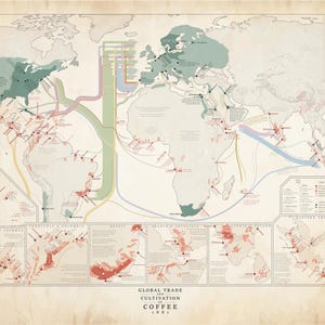 Peut inclure: Une carte vintage détaillée illustrant le commerce et la culture du café dans le monde en 1881. La carte présente les routes commerciales et les zones de culture, avec le texte "GLOBAL TRADE and CULTIVATION of COFFEE 1881". Les couleurs sont beige, rouge, vert et bleu.