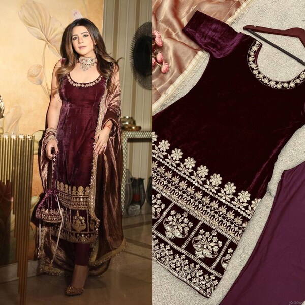 Velvet Maroon Dress for Woman, Ethnic Pakistan Embroidered Salwar Kameez With Free Shipping, Indian Readymade Outfit For Women USA