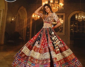 Navaratri Kinjal Dave Special Silk Lehenga Choli & Dupatta InDigital Print With Glued Real Mirror Work For Women For Garba by LehengacholiIN