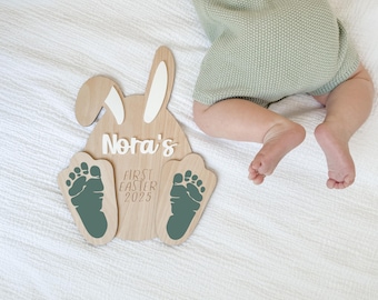 Baby’s First Easter Keepsake, Bunny Footprint Plaque, Personalized Name Sign, Easter Egg, Newborn Gift, Easter Footprint Craft, Easter Gift