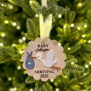 Custom Baby Announcement Christmas Ornament, Stork Baby Ornament, Christmas Pregnancy Announcement, Gender Reveal Ornament, Baby Coming Soon