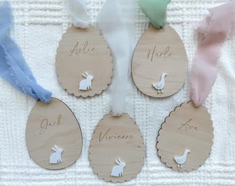 Personalized Easter Basket Tag, Engraved Name Easter Tag, Easter Bunny, Easter Goose, Scalloped Easter Egg, Kids Custom Easter Basket Gift