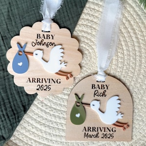 Custom Baby Announcement Christmas Ornament, Stork Baby Ornament, Christmas Pregnancy Announcement, Gender Reveal Ornament, Baby Coming Soon