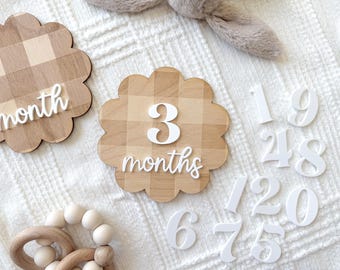 Monthly Milestone Set, Scallop Gingham Baby Photo Prop, Monthly Baby Photos, Baby Girl Vintage Nursery, Newborn Keepsake, Nursery Decor
