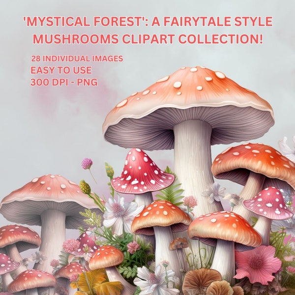 Fairytale Mushrooms Clipart, 28 Whimsical, Cute, Colorful fairytale-style mushroom illustrations. Commercial Use, PNG, Digital Download