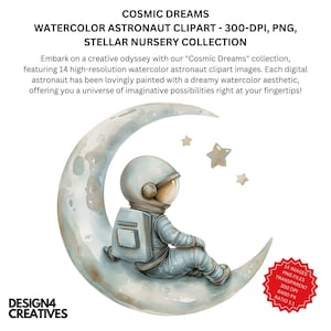 Niedlicher Astronaut auf einem Mond Clipart - 14 transparente PNG-Bilder, 300 dpi. "Aquarell-Stil, bedruckbar, Scrapbooking, Wandkunst - Kommerzielle Nutzung."
