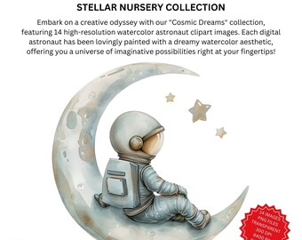 Cute Astronaut On A Moon Clipart - 14 Transparent PNG Images, 300 DPI. Watercolor Style, Printable, Scrapbooking, Wall Art - Commercial Use