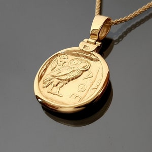Owl Greek tetradrachm, Goddes Athena&#39;s solid gold coin ,  two-faced gold coin, Museum copy pure gold pendant, alt tetradrachm, owl coin.