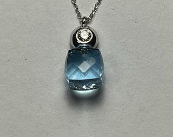 Blue Topaz & Diamond 18K Pendant - White Gold Rollo Chain