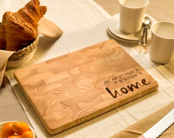 Cutting board with home coordinates, end grain, 30 x 21.5 cm or 35 x 25 cm, wedding, housewarming, house building, moving, birthday