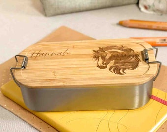 personalisierte Brotdose Pferd - Edelstahl mit Bambusdeckel, Geschenk zu Geburtstag, Schulanfang, Weihnachten