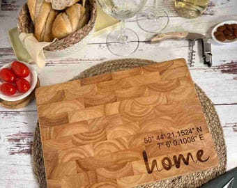 Personalisierte Schneidebrett mit Home-Koordinaten | Stirnholz | 3 Größen | Geschenk zur Hochzeit | Einweihung | Hausbau | Umzug |