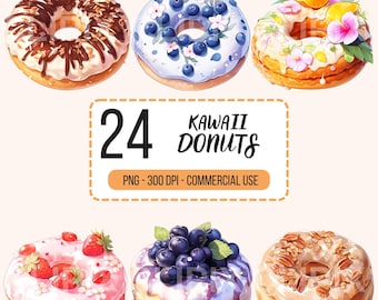 Pack de cliparts donuts kawaii, Clipart donut mignon, donuts kawaii, Clipart donut, donut Png, clipart boulangerie sucrée, usage Commercial