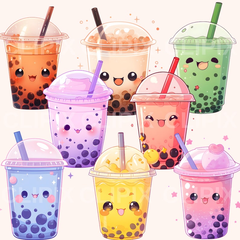 Kawaii Boba Tea Clipart Pack , Bubble Tea Clipart , Cute Bubble Tea