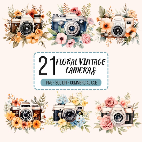 21 Floral Vintage Cameras Clipart Pack, Camera Clipart, Camera PNGs, Retro Camera with Flowers, Watercolor Camera PNG, Retro Collage Images