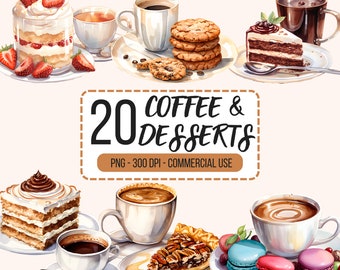 20 Kaffee und Desserts Clipart Paket, Kaffee Clipart Bundle, Desserts Clipart Bundle, Lebensmittel Clipart, Kaffee Png, Lebensmittel Png, kommerzielle Nutzung