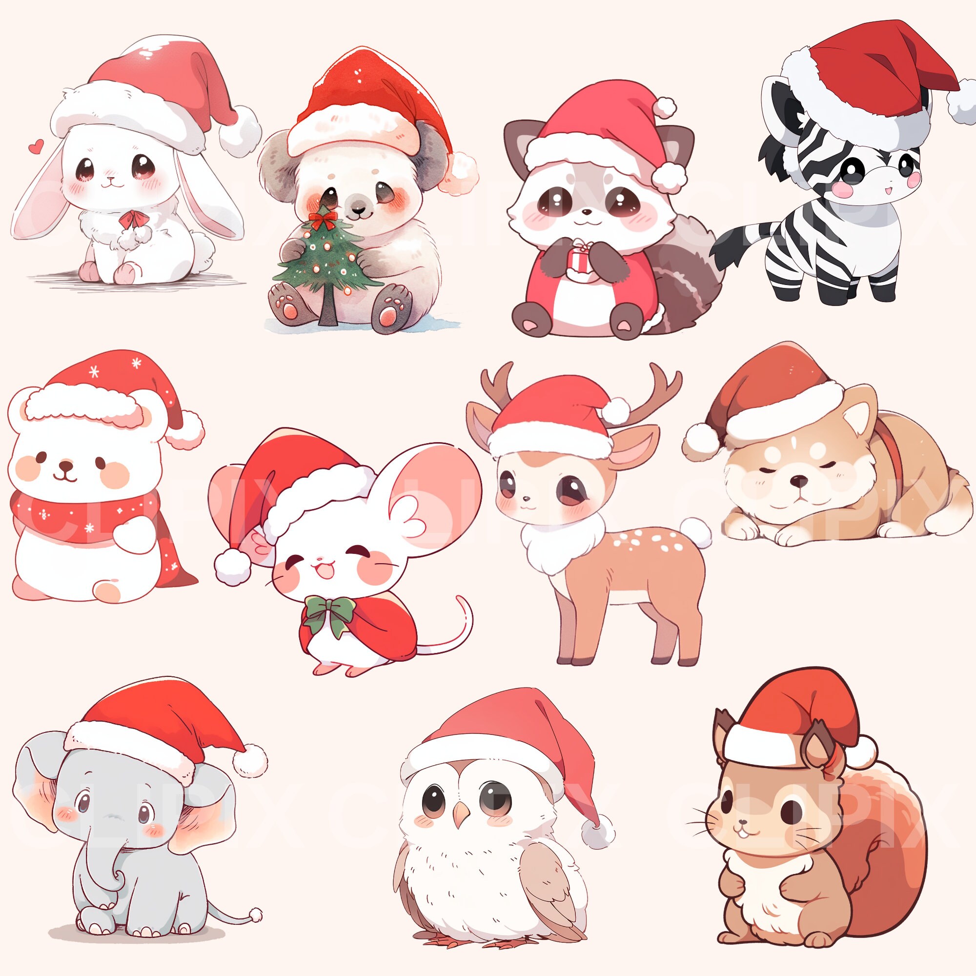 44 Kawaii Christmas Animals Clipart Pack, Cute Animals Clipart, Holiday ...