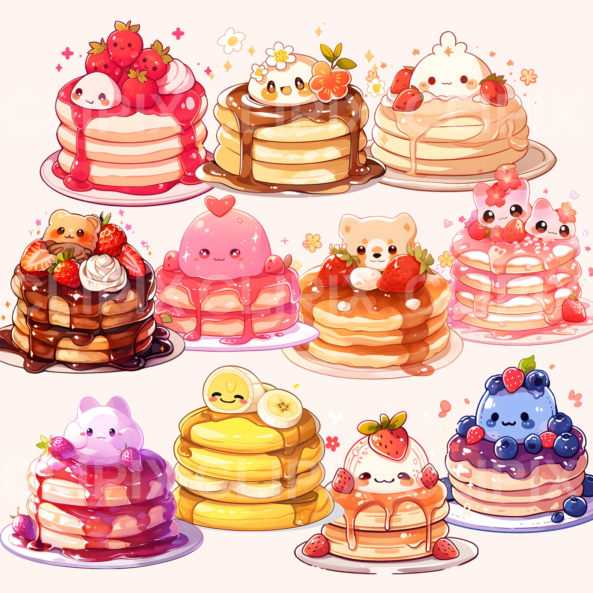 Kawaii Pancakes Clipart Pack, Cute Pancake Clipart, Kawaii Pancakes