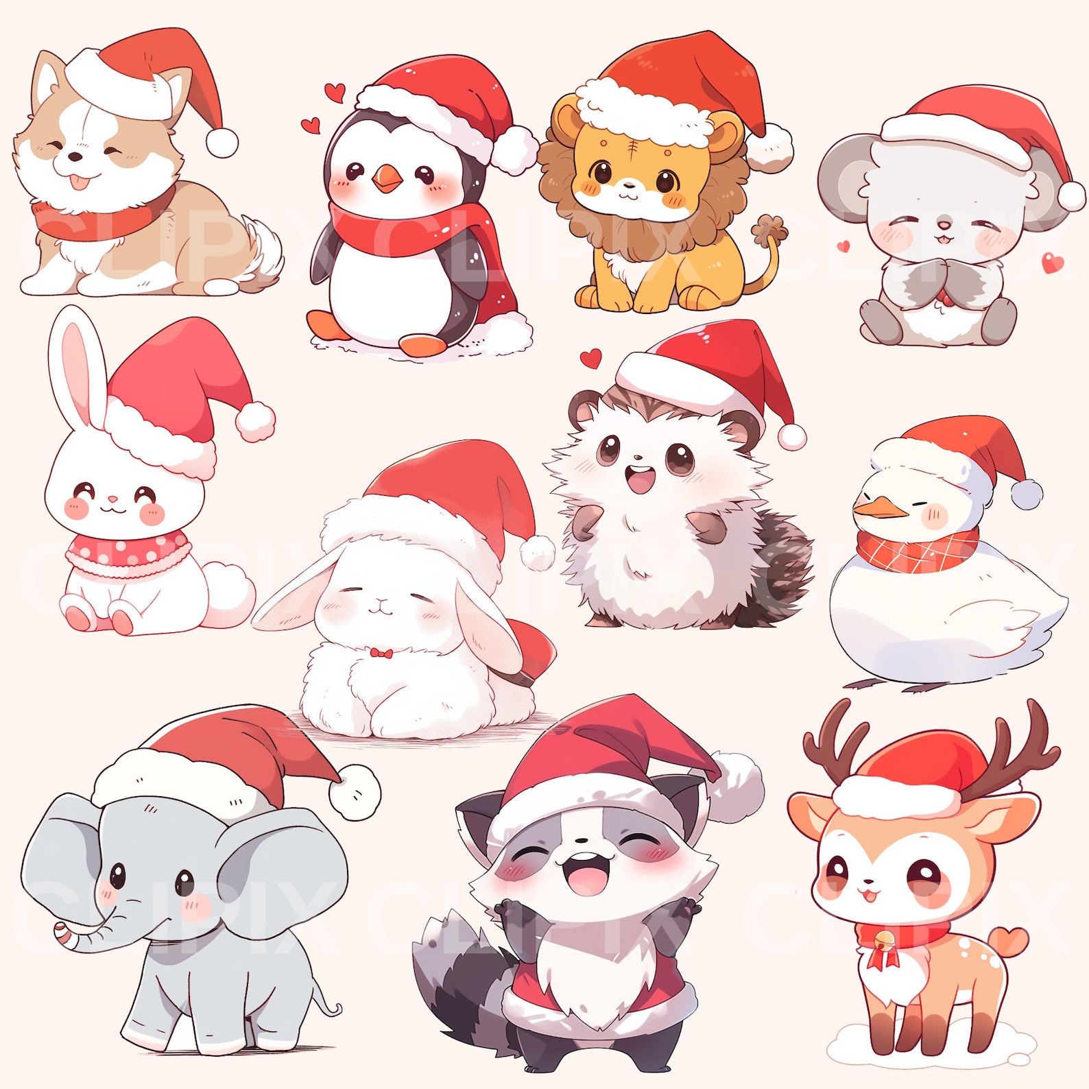 44 Kawaii Christmas Animals Clipart Pack, Cute Animals Clipart, Holiday ...