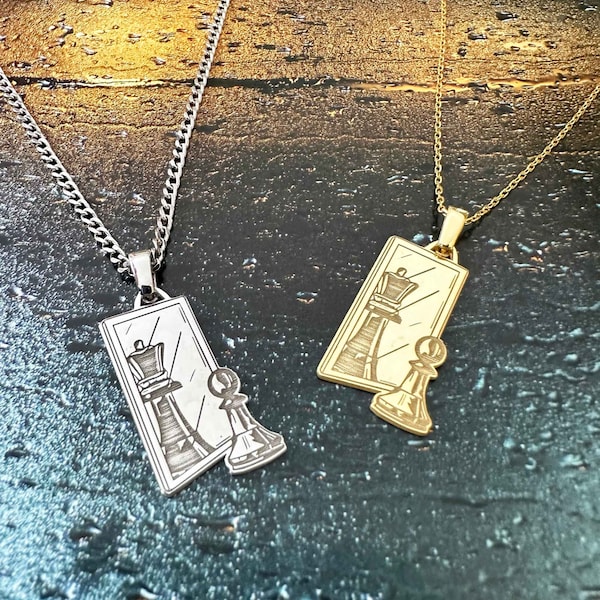 Pawn and King Necklace, Chess Necklace, Pawn and Queen Jewelry, Chess Pendant, Mirror Necklace, Gift For Her