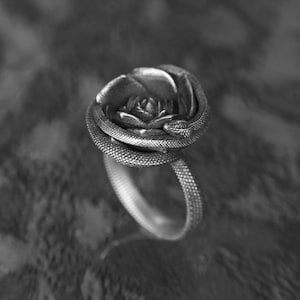 Può includere: Un anello d'argento con un designo dettagliato di un fiore, forse un loto, con un serpente avvolto intorno.