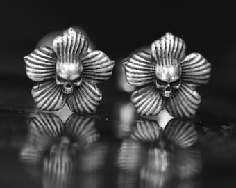 Skull Earrings, Skull Flower Stud Earrings, Women Silver Earrings, Gothic Earrings, 925 Silver, Earrings for Girls, Gothic Earrings