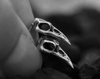 Raven Skull Head Earrings, Silver Earrings, Gothic Earrings, 925 Silver, Bird Skull Studs, Halloween Stud Earrings, Gift for Her and Him