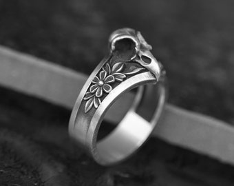 Raven Skull Head Ring, Tree Amulet Ring, 925 Silver Ring, Biker Skull Massive Ring, Gothic Jewelry, Unisex Crow Skull Ring, Gift For Friends