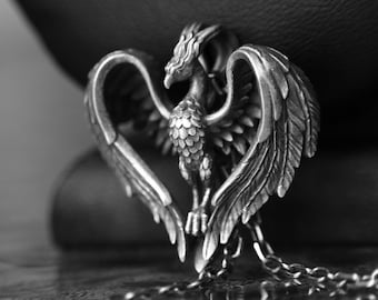 Geflügelter Phoenix Anhänger, Halskette 925 Silber, Mythischer Vogel Anhänger, Phoenix Vogel Halskette, Phoenix Amulett, Phoenix Mythologie Phoenix