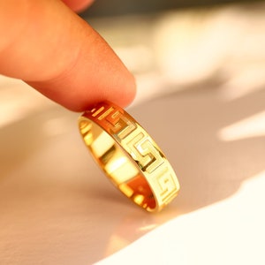 Massief gouden Grieks patroon bandring, oud-Griekse ring, Eternity Griekse sleutelhanger, gouden meanderring, jubileumcadeau, 9k/14k massief goud