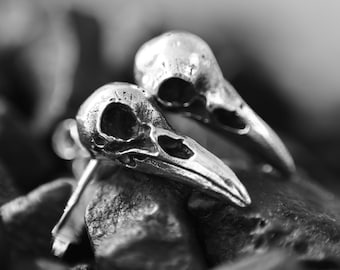 Raven Skull Head Earrings, Women - Man Silver Earrings, Gothic Earrings, 925 Silver, Halloween Stud Earrings, Gift for Her and for Him