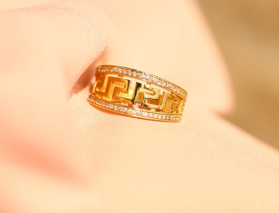 Bague Ancienne Plaqué Or - Motif Grec Géométrique Avec Zircons, Vintage