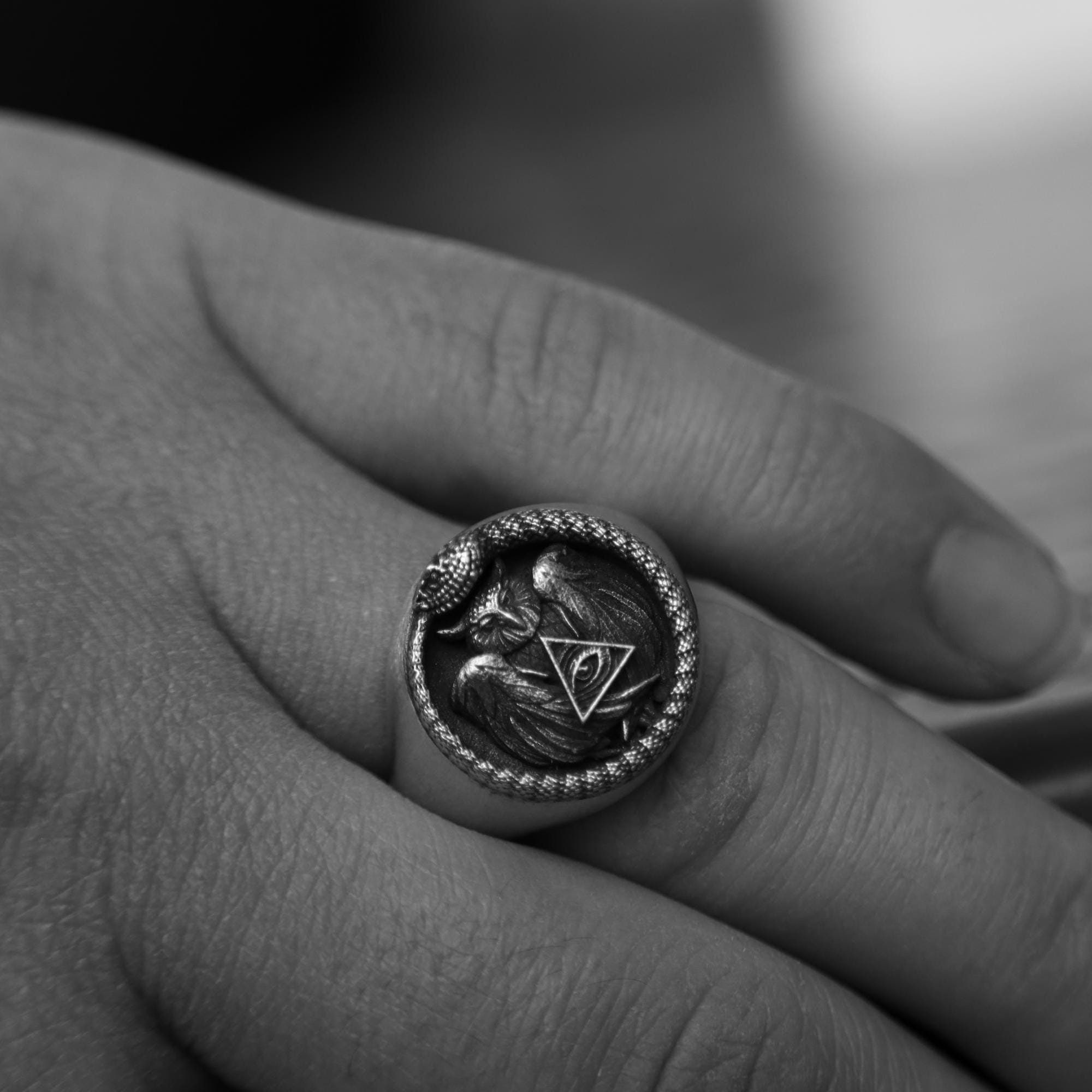 Handmade Ouroboros Ring, 925 Silver, Owl Eye of Providence Ring, Unique Silver Gift for Men, Masonic