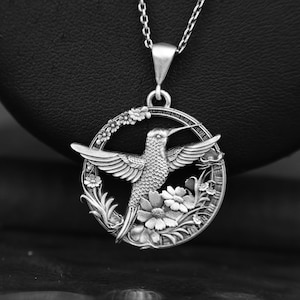 Hummingbird Pendant With Flower, 925 Silver, Bird Necklace, Humming Bird Gift, Hummingbird Charm, Floral Animal Necklace, Gift For Her