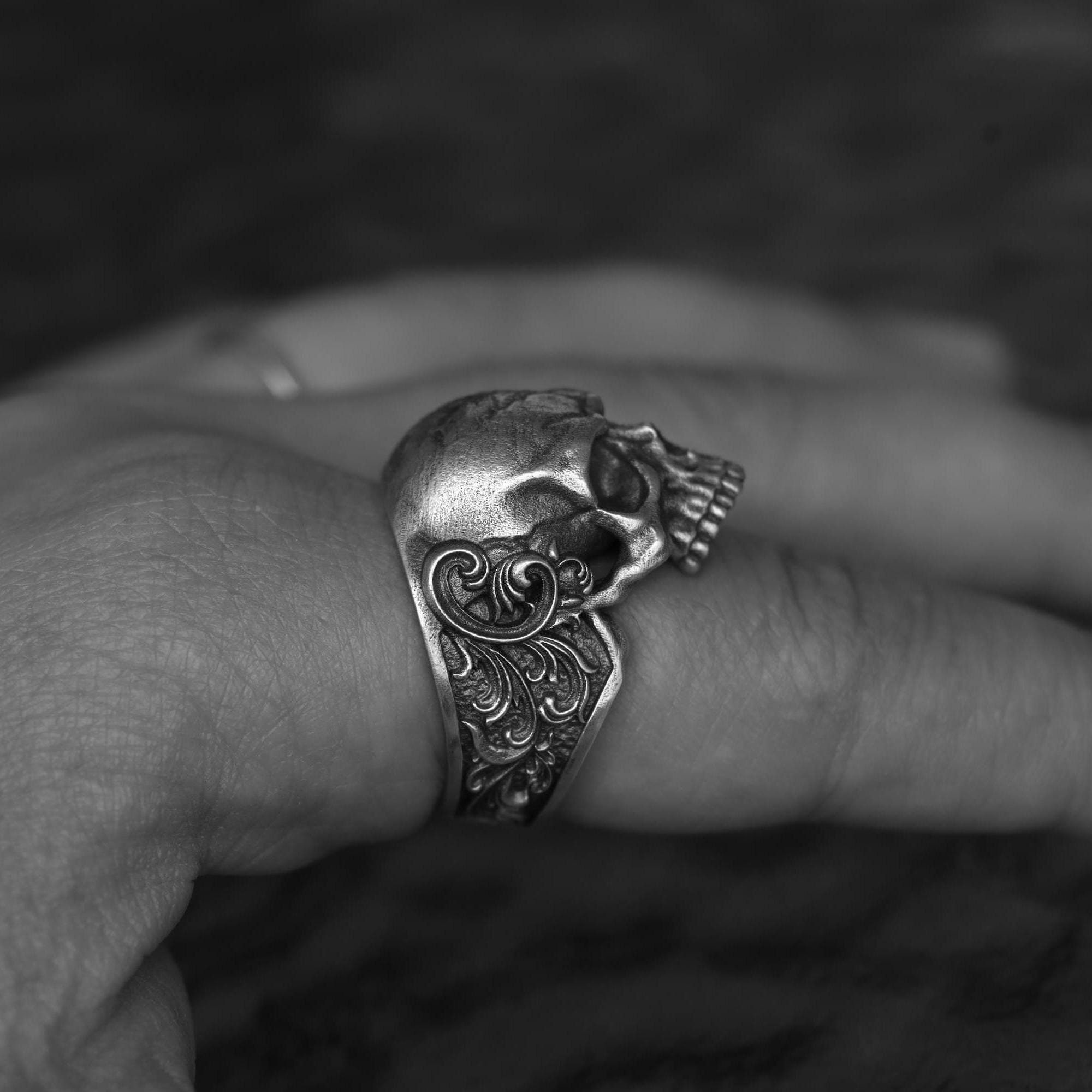 Skull Goth Ring for Men, Baroque Flower Skull Ring, Handmade Ring, Sterling Silver Ring, Signet Skull Ring, Anniversary Ring, Birthday Gift