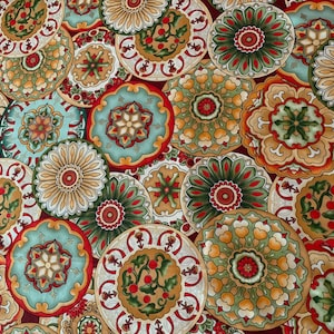 May include: A fabric pattern featuring overlapping circular designs in shades of red, teal, green, and gold. Each circle showcases intricate floral and geometric patterns, creating a rich, textured appearance. The design is suitable for various craft projects.