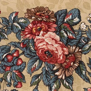 May include: Close-up of a floral pattern featuring large, detailed flowers in shades of red, pink, and brown, with blue-green leaves and red berries. The background is a light tan color, creating a vintage aesthetic.